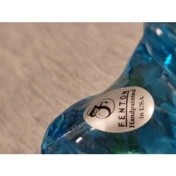 VINTAGE FENTON FROG BLUE GLASS HAND PAINTED FLOWERS Artist Signed D. Wright - Picture 2 of 10